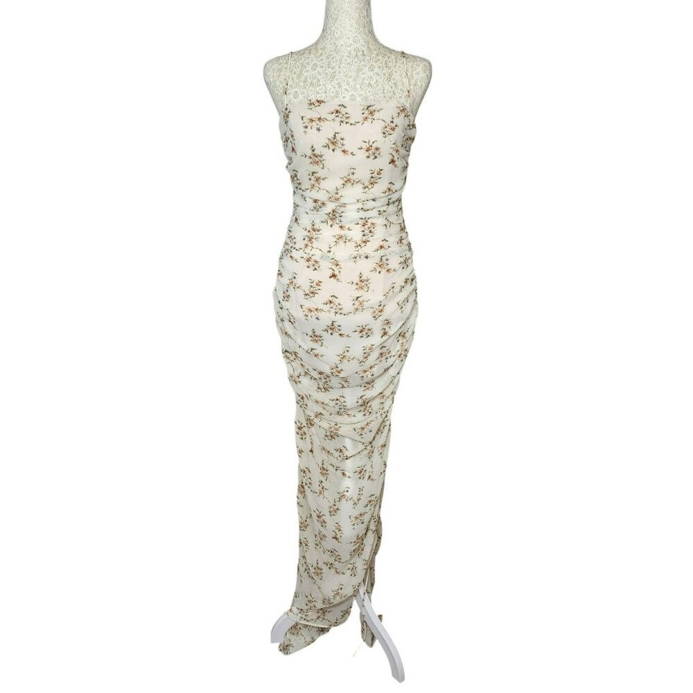Sabo Skirt Serra Dress Small  White Floral Ruched Maxi  NWT Party Gown